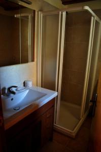 uma casa de banho com um lavatório e um chuveiro em Cal Tresonito em Coll de Nargó