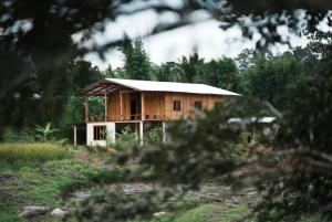 a wooden house in the middle of a field at Nongtao Homestay in Ban Dong Than