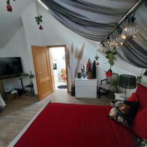 salon z czerwonym łóżkiem i telewizorem w obiekcie Gite avec SPA privé w mieście Drulingen