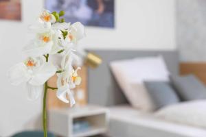 a vase filled with white flowers on a table at NINO-Boardinghouse 23 in Nordhorn