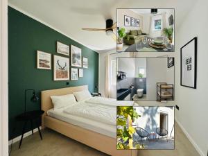 施塔特贝根Modern und stilvoll eingerichtetes Tiny House的带床和绿墙的卧室