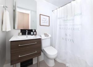 a bathroom with a toilet and a sink and a shower curtain at Departamento amoblado La Florida in Santiago