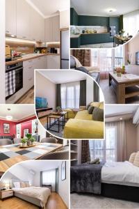 eine Collage mit Fotos von einer Küche und einem Wohnzimmer in der Unterkunft Modern & Elegant City Center Apartments in Plowdiw