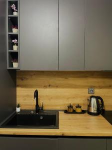 a kitchen counter with a sink and a tea kettle at Skyview Sunlight Apartment 29th Floor in Skopje +7 photos