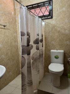 a bathroom with a toilet and a shower curtain at Arcton Apartment in Paramaribo
