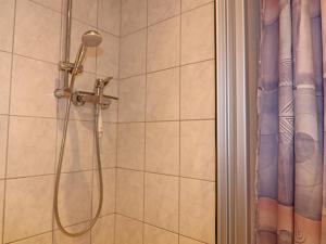 Ferienhäuser am Teich, Zinnowitz في زينوويتز: دش مع رأس دش في الحمام +23 صورة