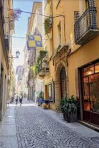 une rue pavée dans une ruelle entre des bâtiments dans l'établissement Principessa Isabella, à Turin