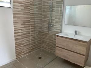 a bathroom with a shower with a sink and a mirror at Villa Jardin- Les Villas Bleues in Dubédou +1 photo