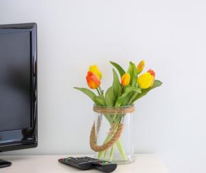 a vase filled with flowers sitting next to a tv at Beachfront apartment T2 Costa Nova Surf Aveiro in Gafanha da Encarnação