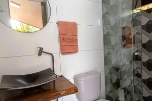 a bathroom with a toilet and a sink and a mirror at Blaues Haus 2 in Pomerode +23 photos