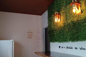 a room with a green wall with lights on it at Blaues Haus 2 in Pomerode