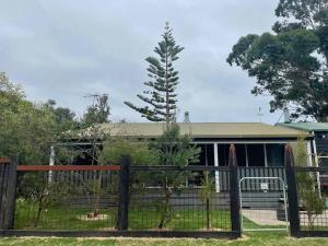 une clôture devant une maison avec un arbre dans l'établissement BLACK DUCK SHACK -Dog friendly -Red Rocks Beach, à Ventnor 13 autres photos