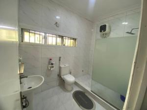 a white bathroom with a toilet and a sink at HST - 3BED Duplex Chevron - Lekki in Ikuata +23 photos