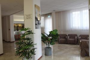 a lobby with two potted plants and a couch at Hotel Palace Masoanri's in Reggio Calabria