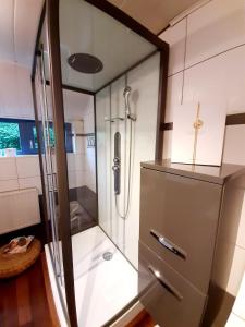a shower with a glass door in a bathroom at Nature Circuit Francorchamps in Stavelot
