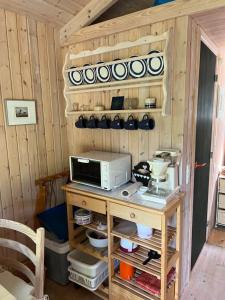 リンケビングにあるCharmerende skovhytteの木製の壁にキッチン(電子レンジ付) +1枚の写真