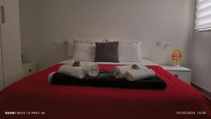 a bed with four pillows on top of it at One bedroom TEA apartment Il-Gzira in Il-Gżira