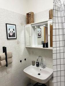 a bathroom with a sink and a mirror at Urlaub in der Eifel direkt am Rursee - Seewinkel in Simmerath