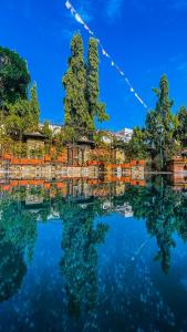 eine Reflexion von Bäumen in einem Wasserkörper in der Unterkunft Heritage Hotel Suites and Spa in Pokhara