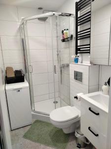 a white bathroom with a shower and a toilet at Apartament Julia in Zamość +11 photos