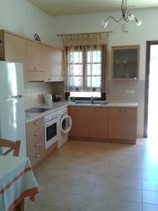 a kitchen with wooden cabinets and a white appliance at Maria's Apartments in Meyisti