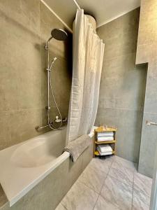 a bathroom with a tub and a shower with a towel at Cosy studio a Lausanne center in Ouchy