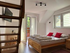 a bedroom with a bed with red pillows at Dom na Skale in Krynica Zdrój