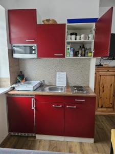 a kitchen with red cabinets and a sink at Auszeit in Plauen