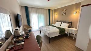 una habitación de hotel con una cama y un televisor en Aden Boutique Otel, en Cesme