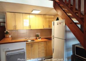 a kitchen with wooden cabinets and a refrigerator at Duplex Holidays Andorra in Pas de la Casa +7 photos