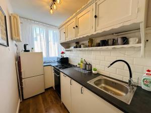 a small kitchen with a sink and a refrigerator at Warszawa Centralna Rooms in Warsaw