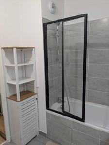 a shower with a glass door in a bathroom at Hébergement Verneuil tout confort neuf 68m carré in Verneuil-sur-Seine +15 photos