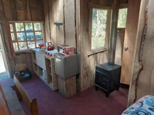 a kitchen with a stove in a wooden house at Cabañas Cauchao Chaitén in Chaitén