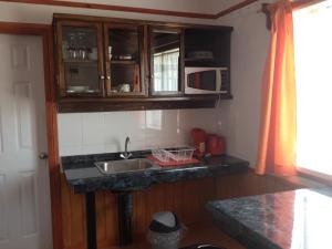 a kitchen with a sink and a microwave at Cabañas El Mirador in Hornopiren