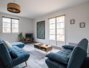 a living room with two blue couches and a tv at Gites 4 et 6 personnes au cœur du centre médiéval de Billom in Billom