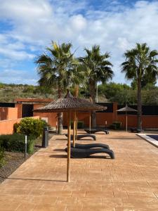 a group of chairs under an umbrella and palm trees at Penthouse Palapagolf in Orihuela Costa