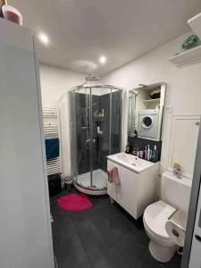 Un baño con ducha, inodoro y lavabo. en Parisian Peaceful Apartment with Stunning View in Montmartre area, en París