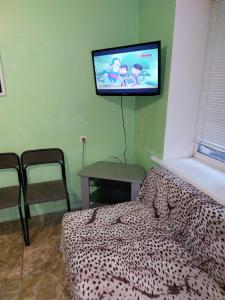 Un dormitorio con una cama y un televisor en la pared. en министудия, в которой есть абсолютно всё, en Cherníhiv