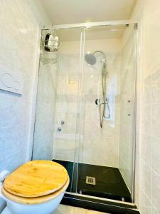 a bathroom with a shower with a toilet with a wooden seat at Casa Olive 53 Mare in La Spezia +31 photos