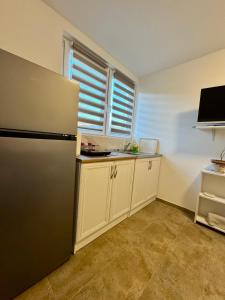 a kitchen with a refrigerator and a window at Studio Oaza Čačak in Čačak