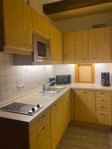 a kitchen with wooden cabinets and a sink and a microwave at Im schönen Naheland bei Kirn in Meckenbach