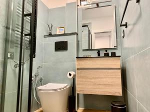 un baño con inodoro y ducha en A due passi dal Colosseo, en Roma 33 fotos más