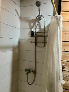a shower with a shower curtain in a bathroom at Cabaña soles in Manuel Alberti +15 photos