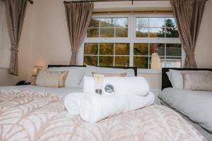 a bedroom with two beds with white blankets and a window at Seaview Guesthouse in Rostrevor +37 photos