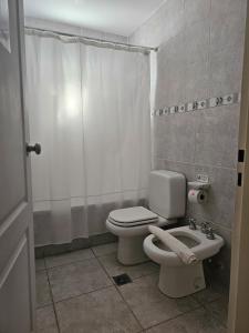 Un baño con inodoro, ducha y lavabo. en Hotel Lunajuim, en El Chaltén 37 fotos más