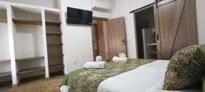 a bedroom with a bed with a tv on the wall at Apartamentos Casa de los Galeote in Baeza