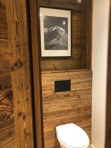 a bathroom with a toilet and a picture on the wall at Le Chalet 138 Megève séjour pour 8 confort espace charme calme in Demi-Quartier +19 photos