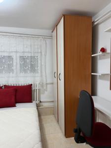a bedroom with a bed and a desk and a chair at Apartment Gray in Pirot