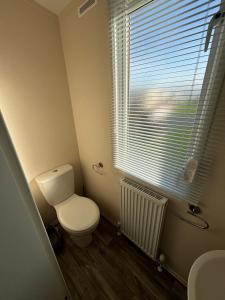 ein Badezimmer mit einem WC, einem Fenster und einem Heizkörper in der Unterkunft Palm Grove 121 - Golden Palm Resort - Pet friendly, WiFi, close to beach and clubhouse - Meadow Lakes Caravan & Lodge Hire in Chapel Saint Leonards