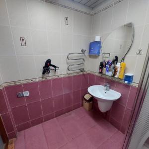 a bathroom with a sink and a person on the wall at Karabakh boutigue-Hostel-apartment in Baku